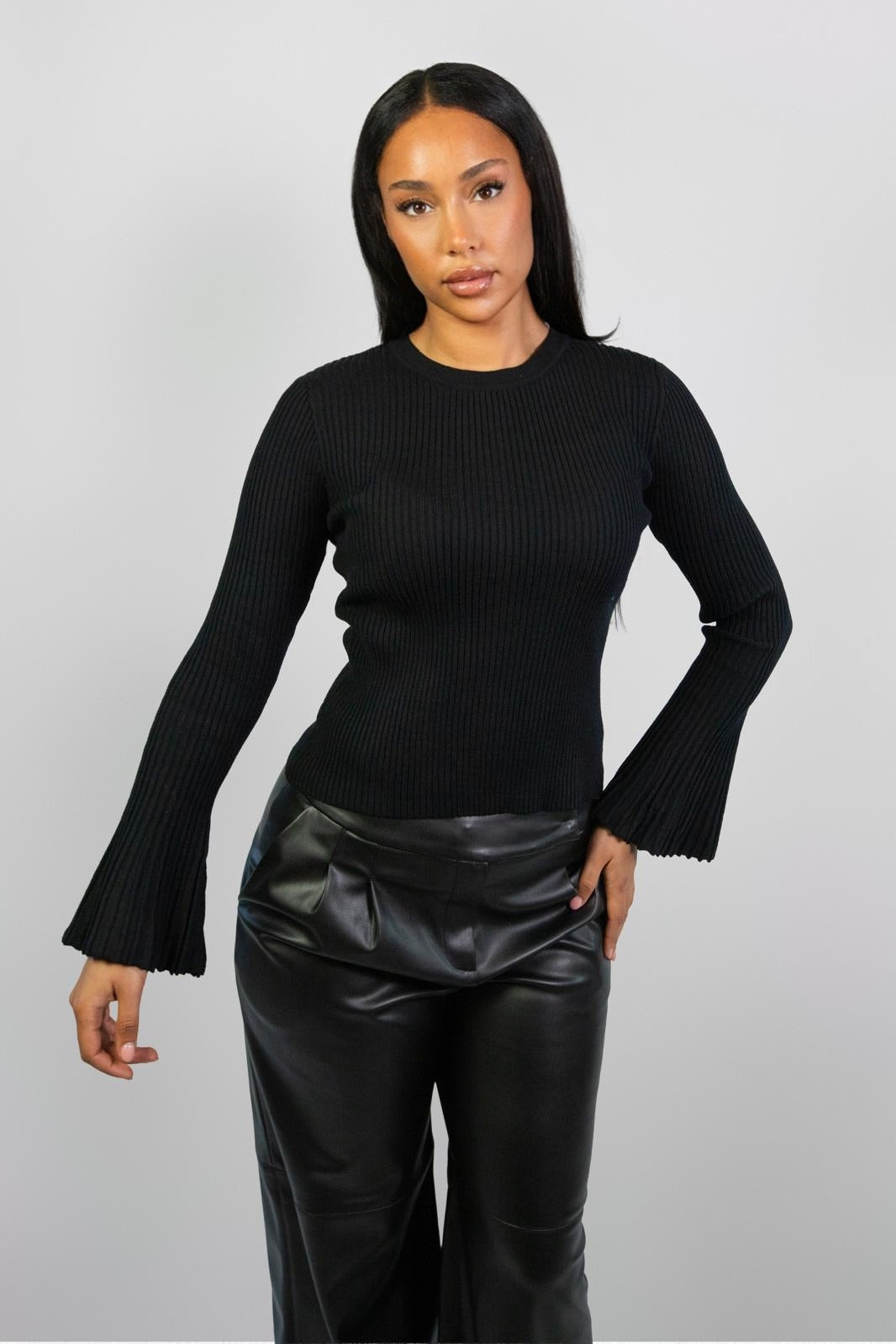 Ribbed Knit Top with Flared Sleeves