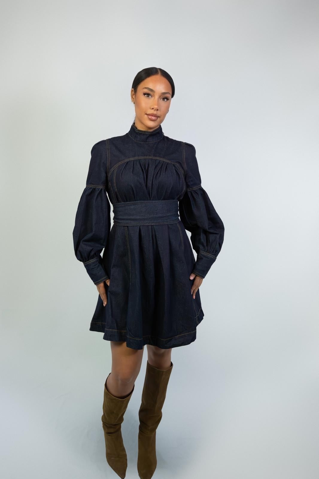 Balloon-Sleeve Denim Dress