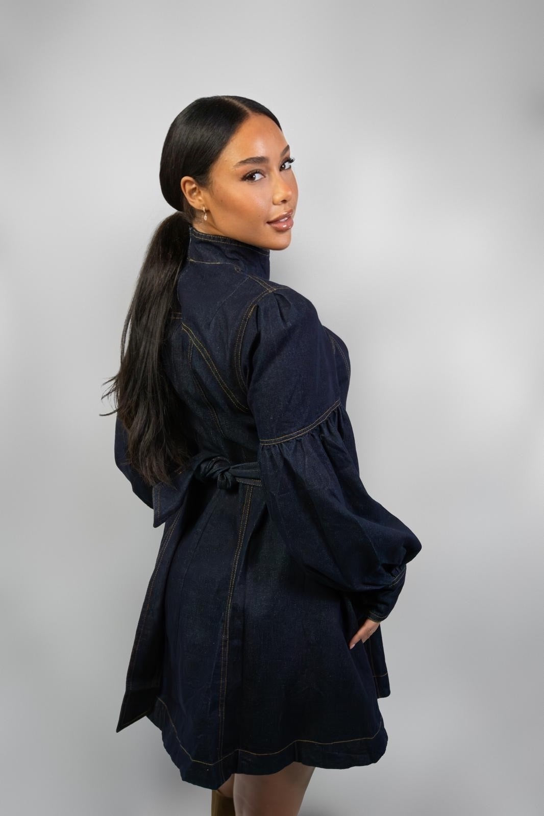 Balloon-Sleeve Denim Dress