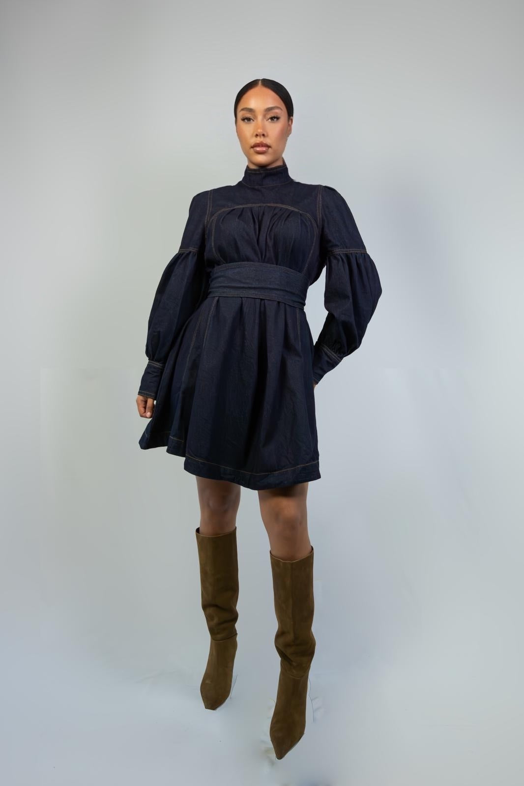 Balloon-Sleeve Denim Dress